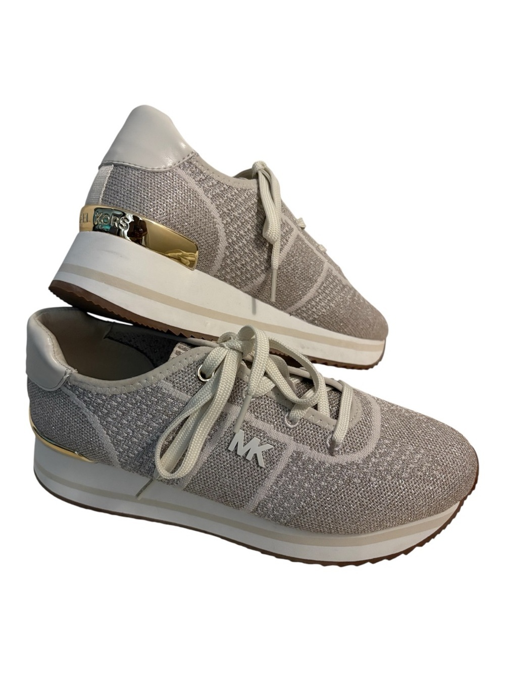 Michael Kors Beige Knit Lace-Up Sneakers with Gold Trim. Size 8M.
